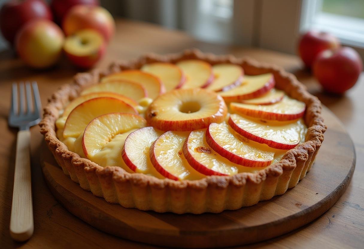 Tarte aux pommes avec crème pâtissière sur une table en bois, mettant en valeur les tranches de pommes brillantes et la crème douce.
