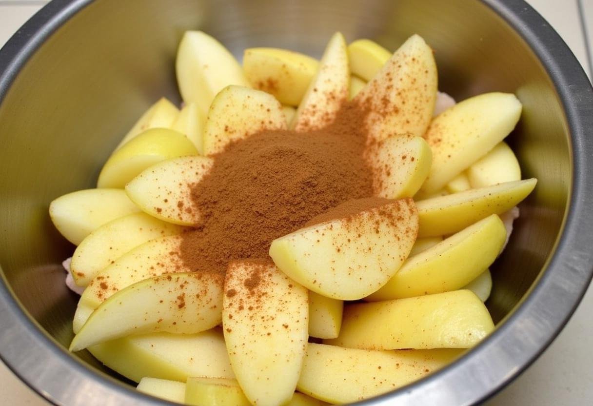 Préparation des pommes pour la tarte aux pommes crème avec des tranches de pommes fraîches et un mélange de sucre et de cannelle.