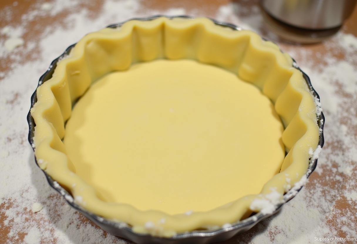 Abaisse de la pâte à tarte pour la tarte aux pommes énoncée avec une belle texture de pâte sur un plan de travail fariné.