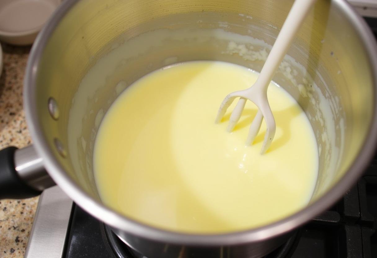Préparation de la crème pâtissière pour la tarte aux pommes, montrant un mélange crémeux avec du lait chaud et des ingrédients dans un bol.