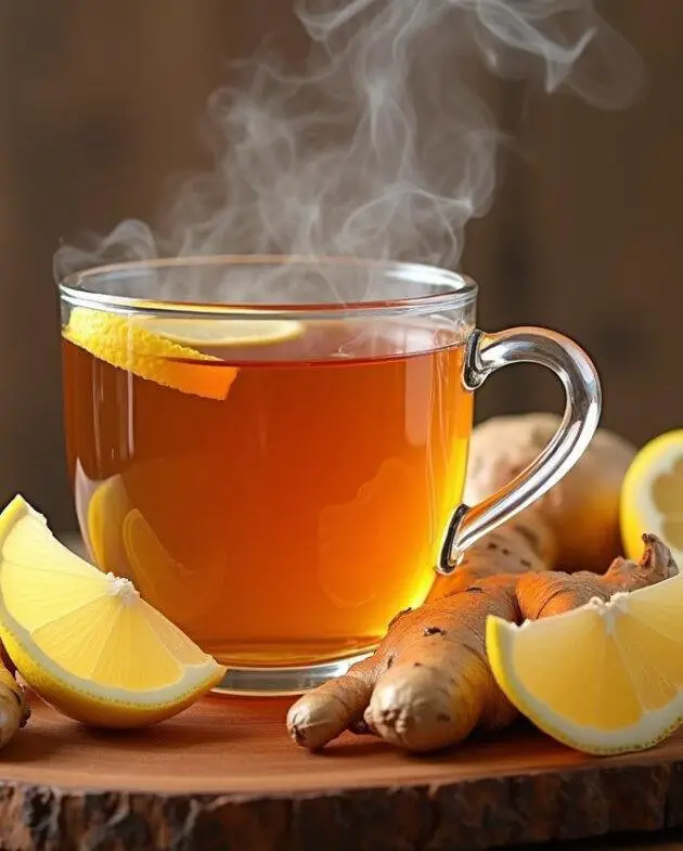 Présentation finale du thé parfumé au gingembre dans une tasse élégante, entourée de racines de gingembre frais et de tranches de citron, avec de la vapeur s'élevant.
