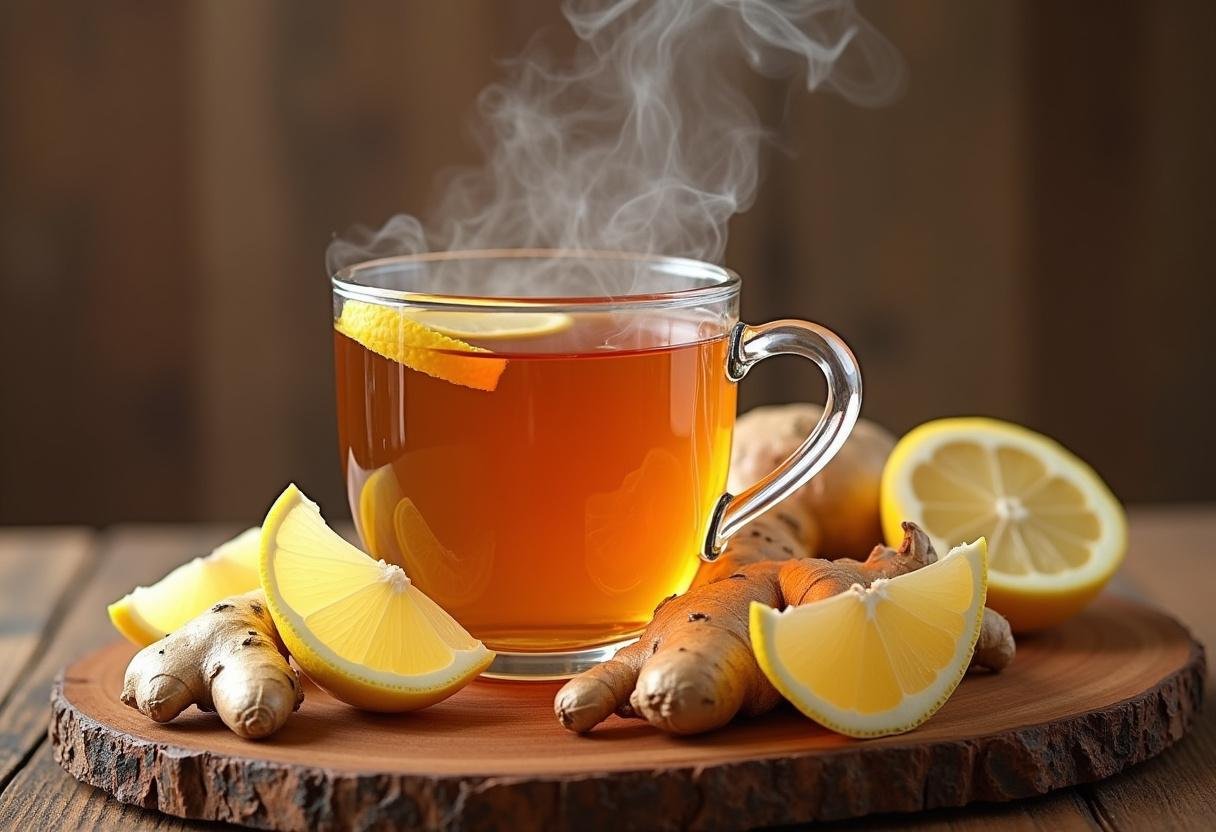 Présentation finale du thé parfumé au gingembre dans une tasse élégante, entourée de racines de gingembre frais et de tranches de citron, avec de la vapeur s'élevant.