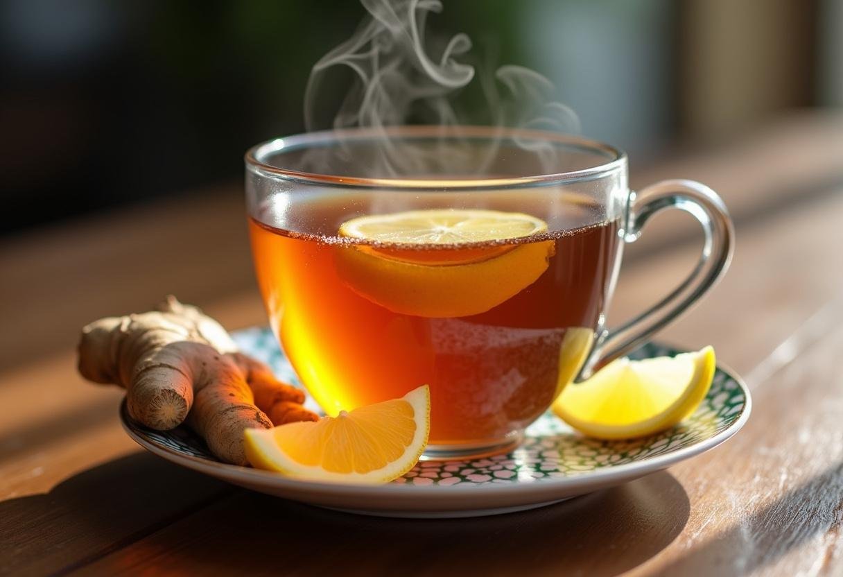 Présentation finale du thé parfumé au gingembre dans une tasse élégante, entourée de racines de gingembre frais et de tranches de citron, avec de la vapeur s'élevant.