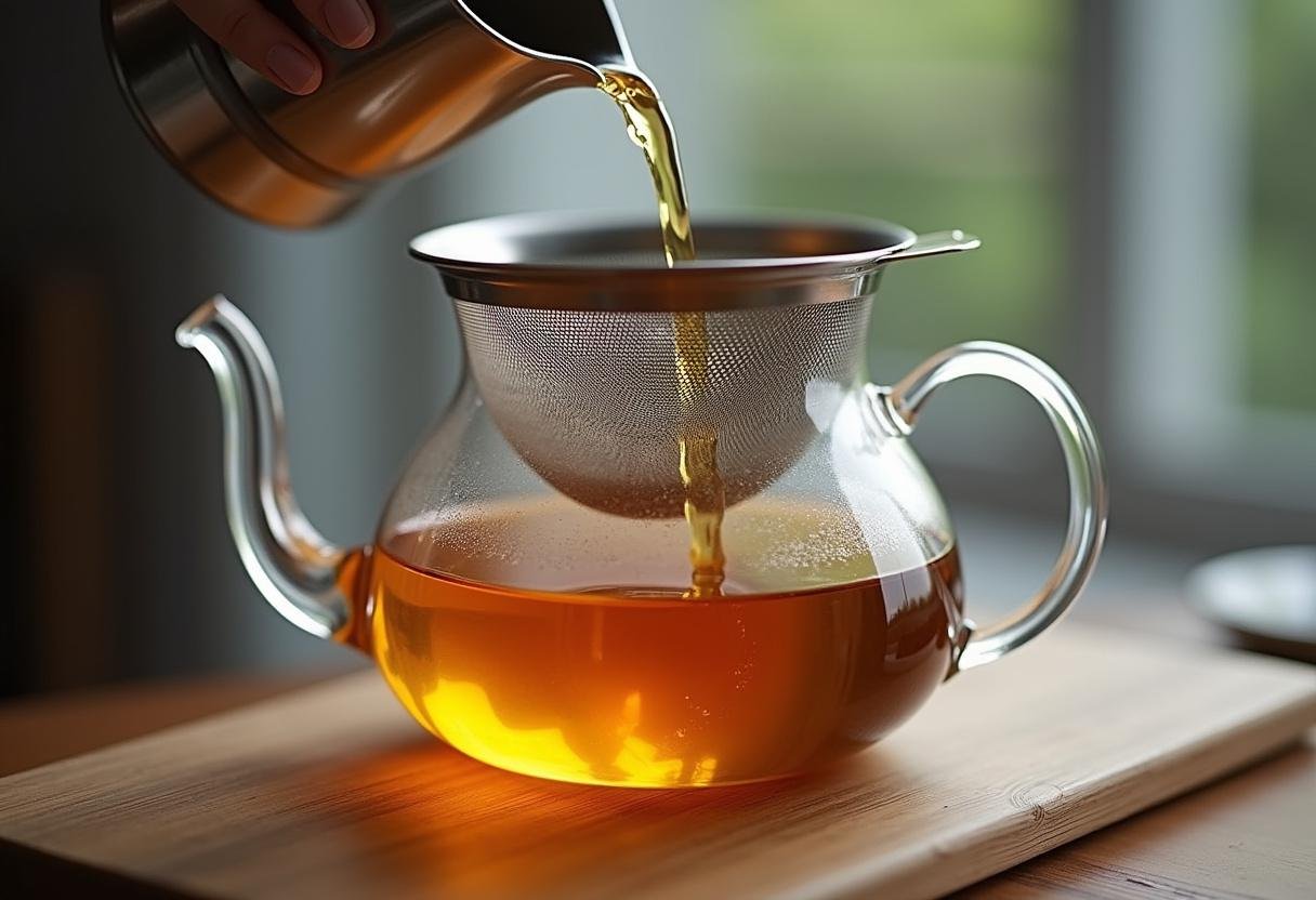 Versement de l'eau infusée au gingembre à travers un filtre dans une théière en verre, révélant la couleur dorée du thé au gingembre.