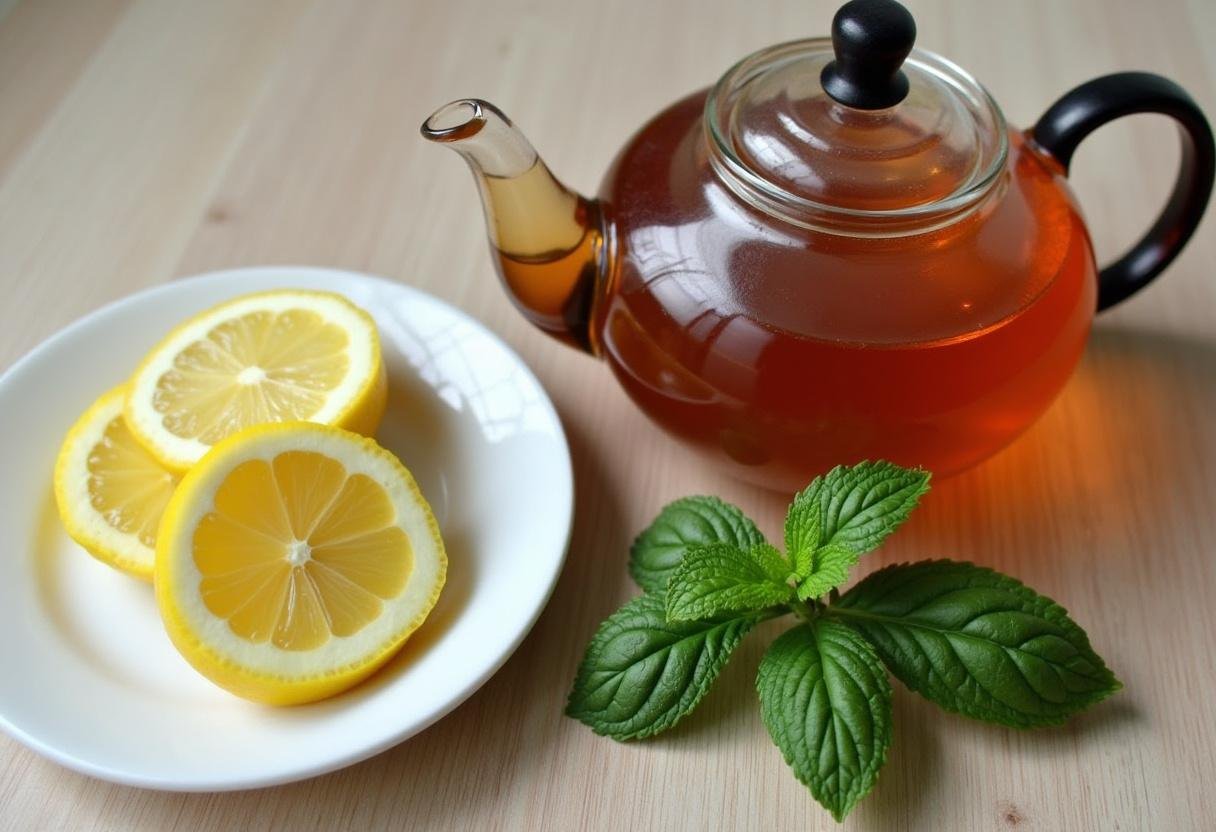 Présentation de tranches de citron et de feuilles de menthe à côté de la théière, prêtes à être ajoutées au thé gingembre.