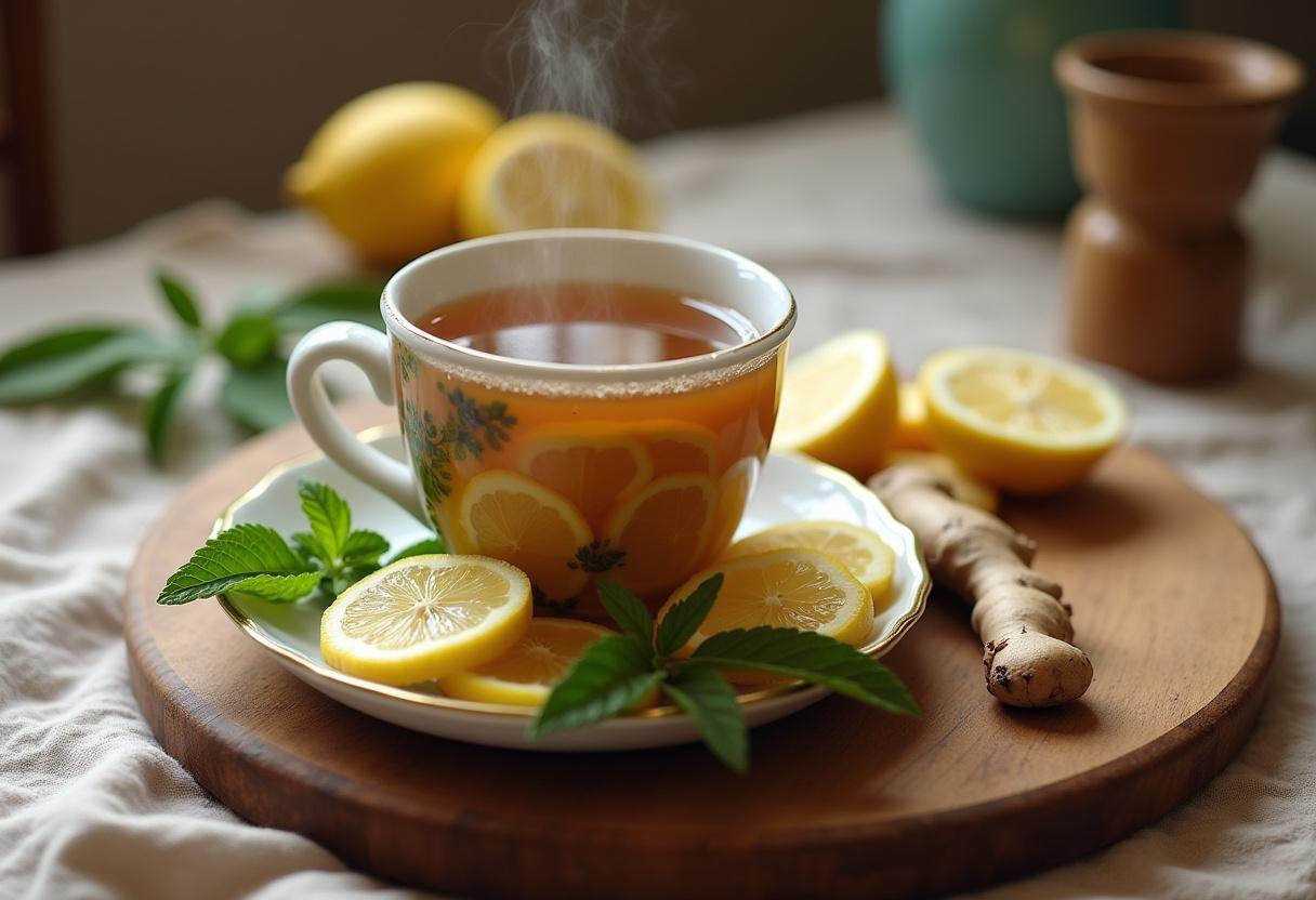 Mise en scène d'une tasse de thé au gingembre fumant, avec des tranches de citron et des feuilles de menthe, prête à être savourée.