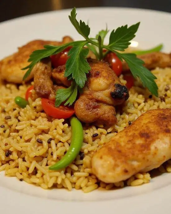 Présentation alléchante du tieb au poulet traditionnel du Sénégal, soulignant les couleurs vives du plat final.