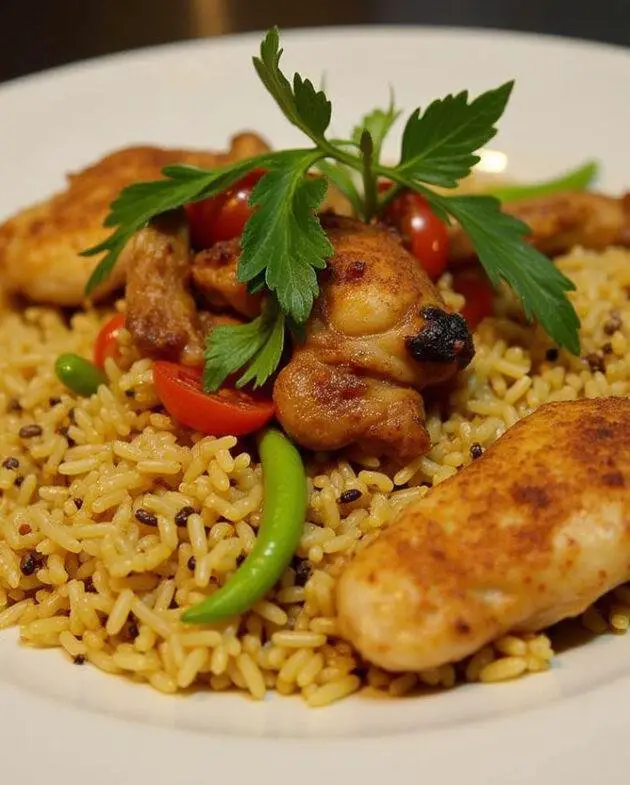 Présentation alléchante du tieb au poulet traditionnel du Sénégal, soulignant les couleurs vives du plat final.