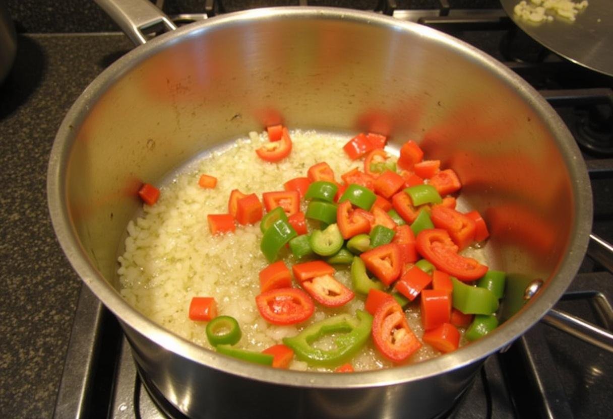 Préparation d'une base aromatique pour la recette du tiep au poulet avec des oignons, de l'ail et des poivrons sautés.