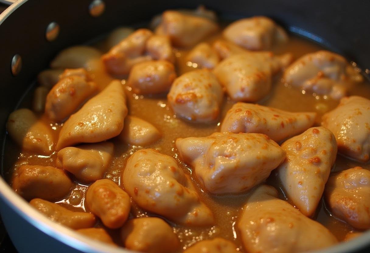 Ajout de morceaux de poulet dorés dans la recette de tieb poulet, mettant en valeur la cuisson parfaite des ingrédients.