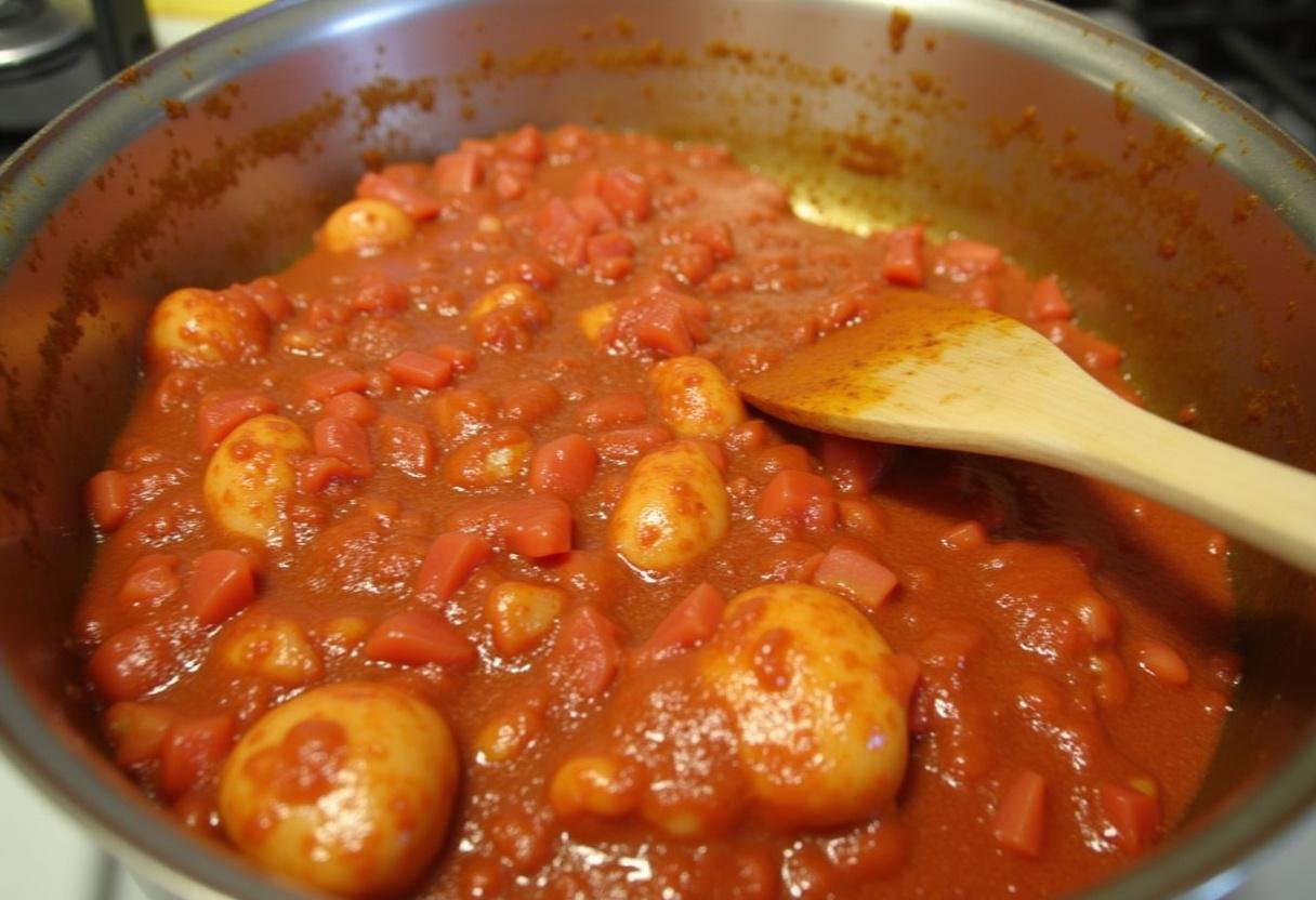 Mélange de tomates et d'épices dans le tieb au poulet, illustrant la préparation d'une sauce savoureuse.