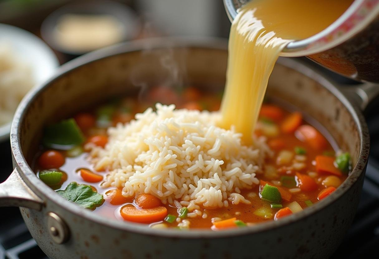 Ajout du riz et du bouillon de poulet dans la recette de tieb au poulet, montrant le mélange des ingrédients pour une cuisson harmonieuse.