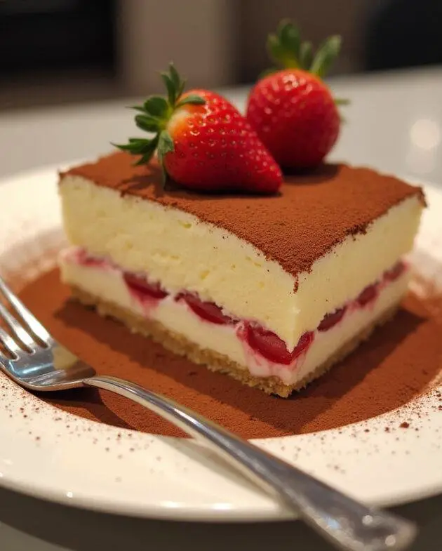 Présentation finale d'un Tiramisu Fraise Rhubarbe sur une assiette, décoré de poudre de cacao et de fraises fraîches.
