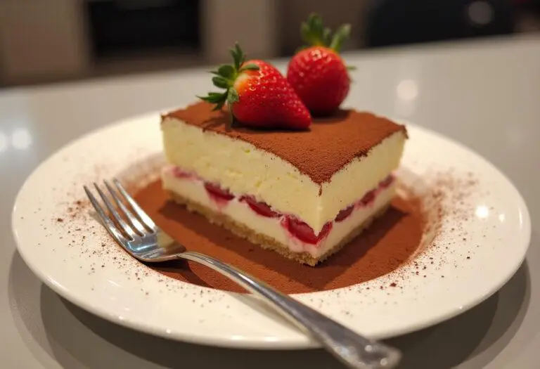 Présentation finale d'un Tiramisu Fraise Rhubarbe sur une assiette, décoré de poudre de cacao et de fraises fraîches.