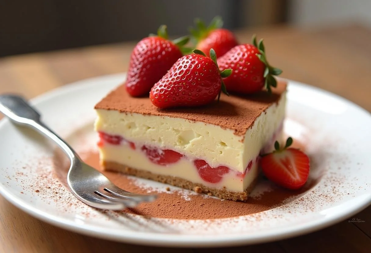 Présentation finale d'un Tiramisu Fraise Rhubarbe sur une assiette, décoré de poudre de cacao et de fraises fraîches.