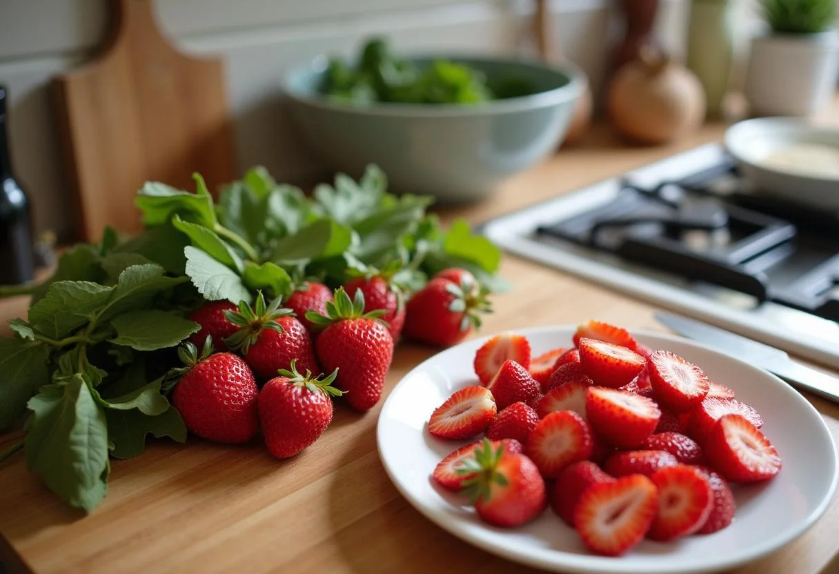 Préparation des ingrédients pour le Tiramisu Fraise Rhubarbe avec des fraises et de la rhubarbe fraîches sur un plan de travail.