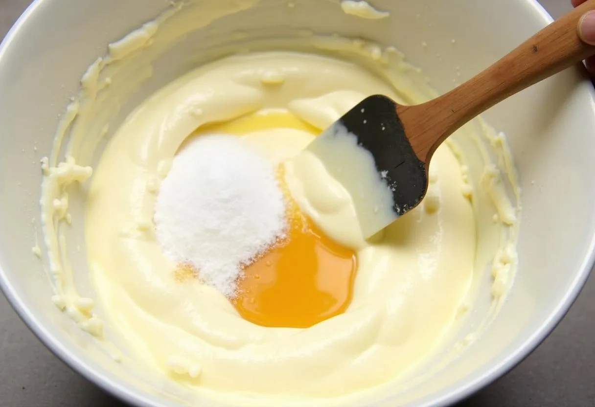 Mélange de mascarpone, sucre et extrait de vanille pour le Tiramisu Fraise Rhubarbe dans un bol, créant une texture crémeuse.