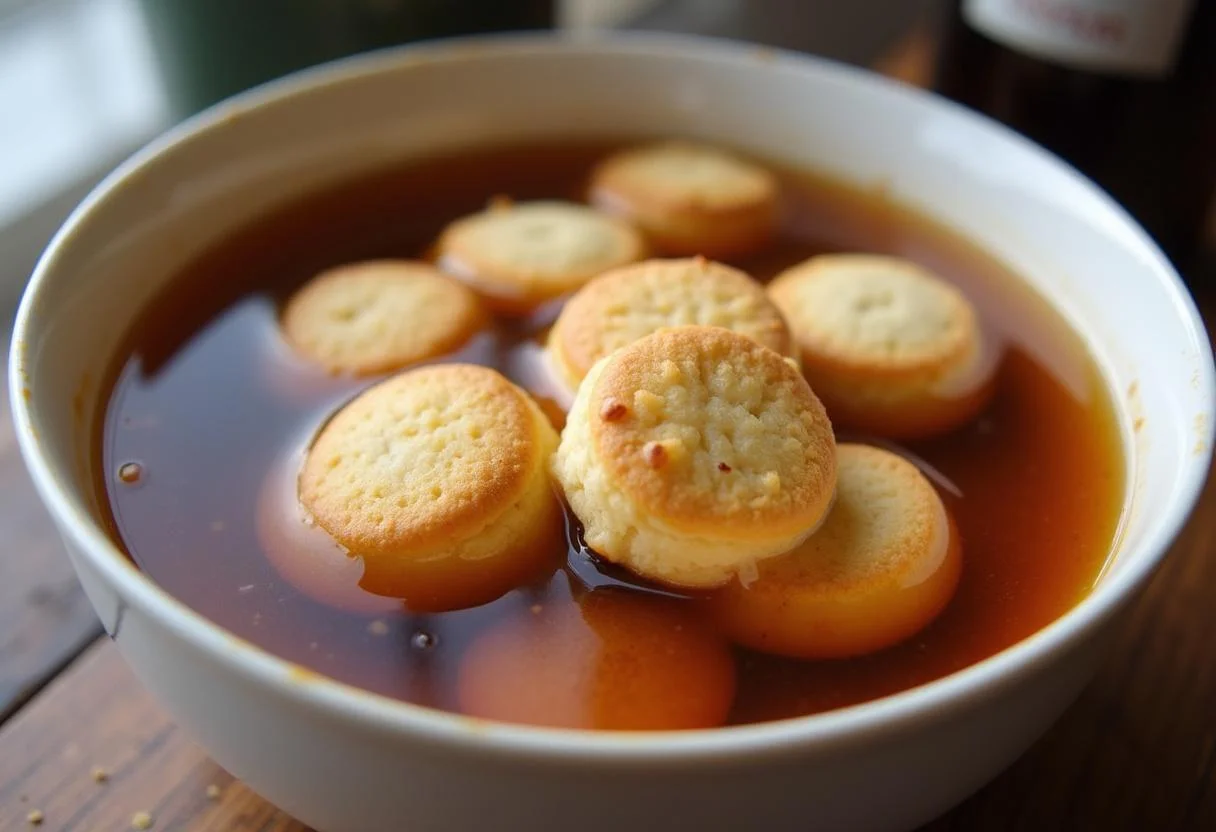 Biscuits à la cuillère imbibés de café et de sirop de rhubarbe pour la préparation du Tiramisu Fraise Rhubarbe, laissant entrevoir une absorption parfaite.