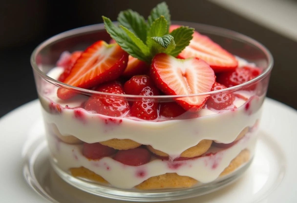 Tiramisu Fraise Rhubarbe soigneusement monté en couches dans un plat en verre, mettant en valeur les fraises, la rhubarbe et le mélange de mascarpone.