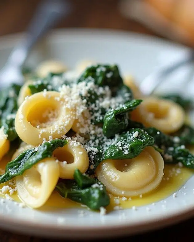 Plat de tortellini farcis à la ricotta et épinard, finement garnis, prêt à être dégusté dans un cadre chaleureux.