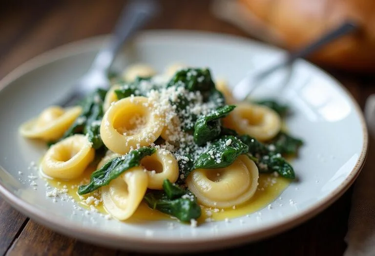 Plat de tortellini farcis à la ricotta et épinard, finement garnis, prêt à être dégusté dans un cadre chaleureux.