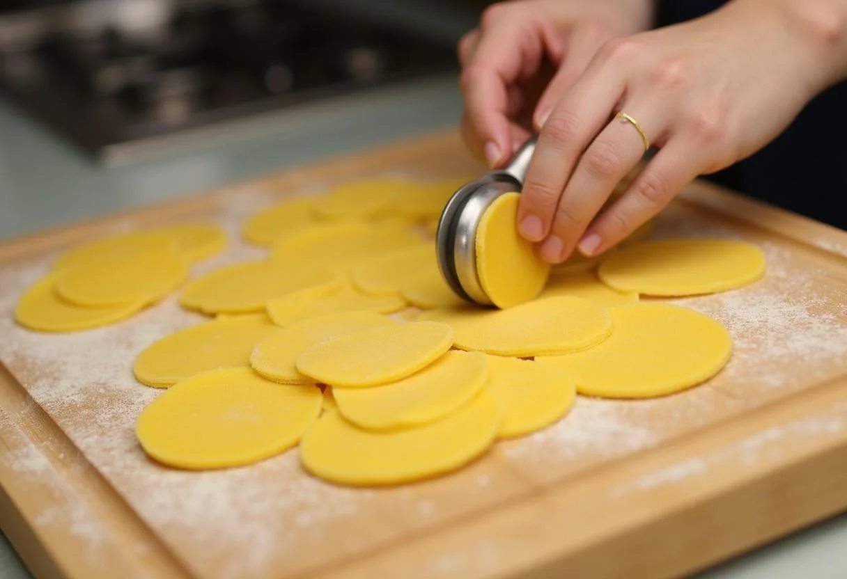 Pasta fraîche et découpée en cercles pour tortellini ricotta épinard, mettant en avant la qualité de la pâte.