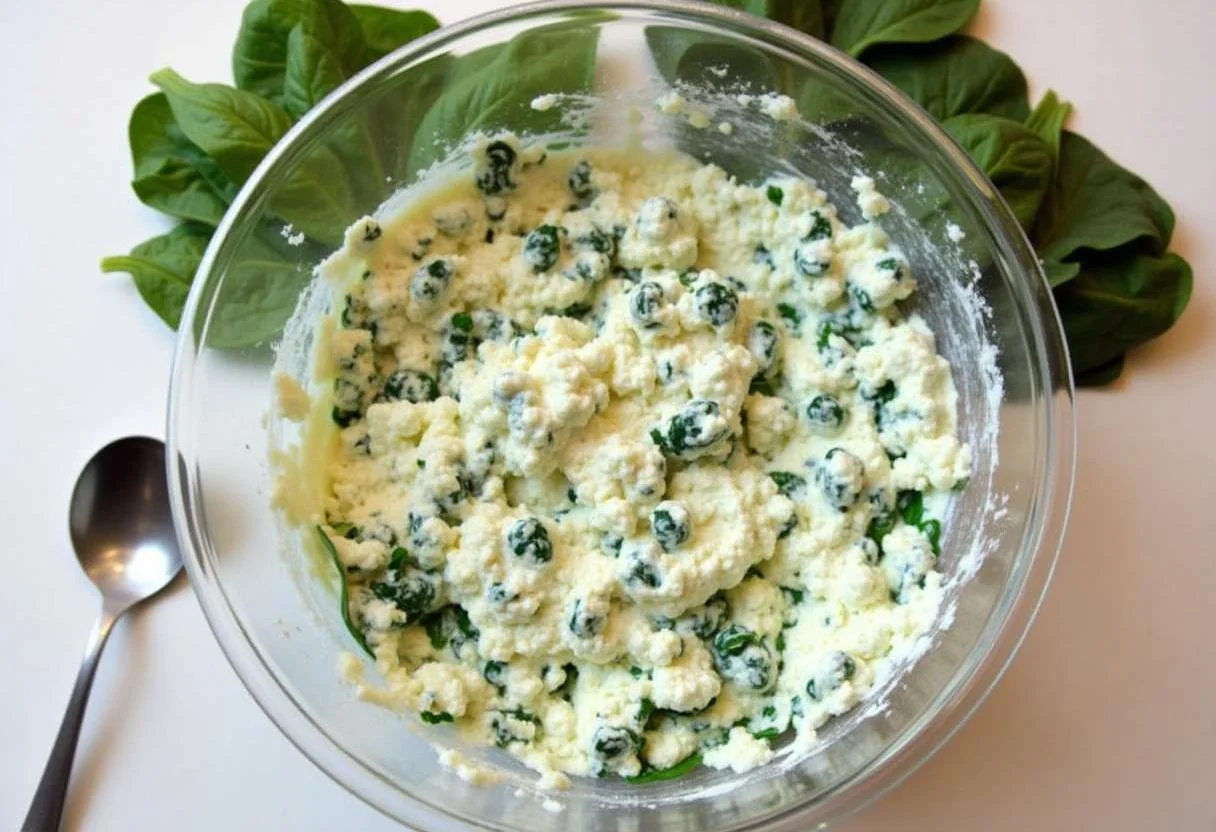 Mélange de ricotta et épinards pour garnir les tortellini, illustrant la préparation de cette délicieuse farce.