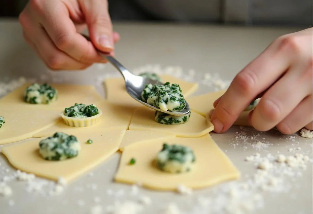 Pasta tortellini en cours de pliage pour accueillir la farce ricotta épinard, illustrant une préparation artisanale.