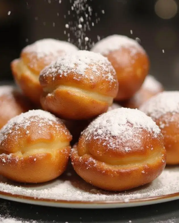 Beignets de grand-mère chauds sur une assiette, saupoudrés de sucre glace, prêts à être dégustés comme un délice traditionnel.