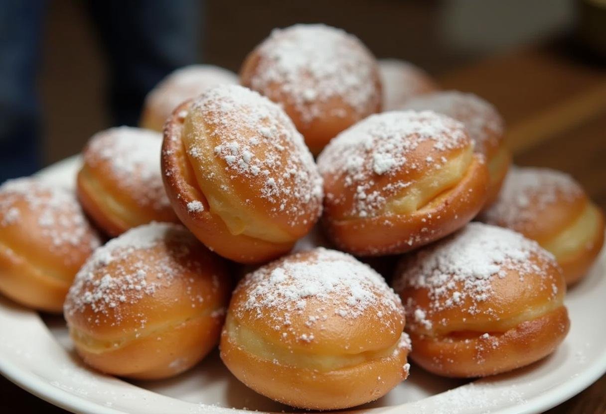 Beignets de grand-mère chauds sur une assiette, saupoudrés de sucre glace, prêts à être dégustés comme un délice traditionnel.