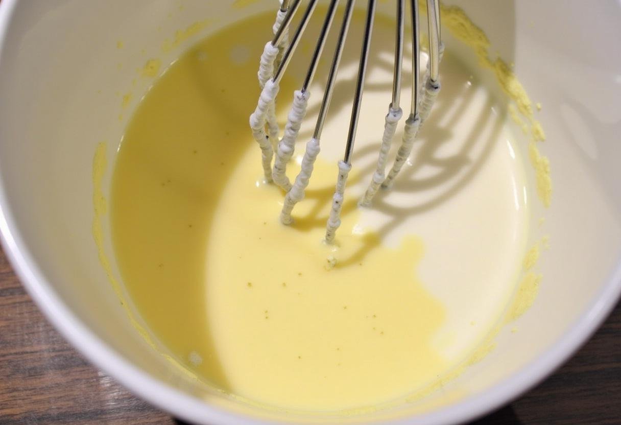 Préparation du mélange humide pour les beignets de grand-mère avec du lait, des œufs et de l'extrait de vanille, dans un autre bol.