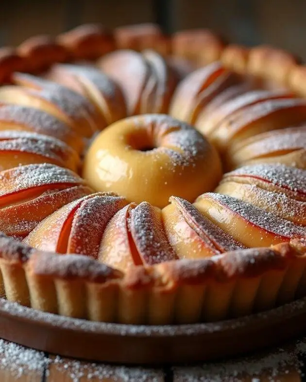 Tarte aux pommes appétissante à base de pommes Pink Lady et Reinette, présentée sur une table rustique, évoquant l'arôme et la saveur irrésistibles.