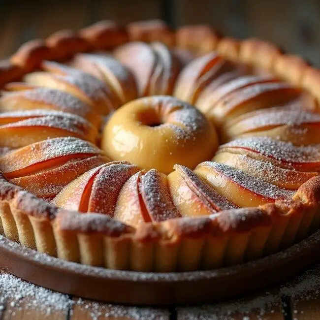 Tarte aux pommes appétissante à base de pommes Pink Lady et Reinette, présentée sur une table rustique, évoquant l'arôme et la saveur irrésistibles.