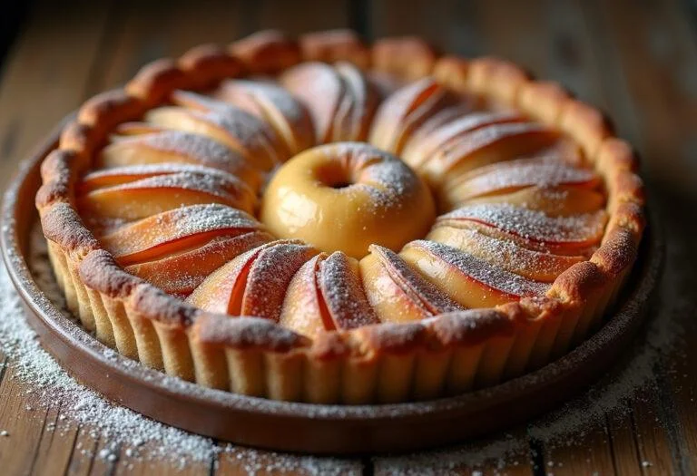 Tarte aux pommes appétissante à base de pommes Pink Lady et Reinette, présentée sur une table rustique, évoquant l'arôme et la saveur irrésistibles.