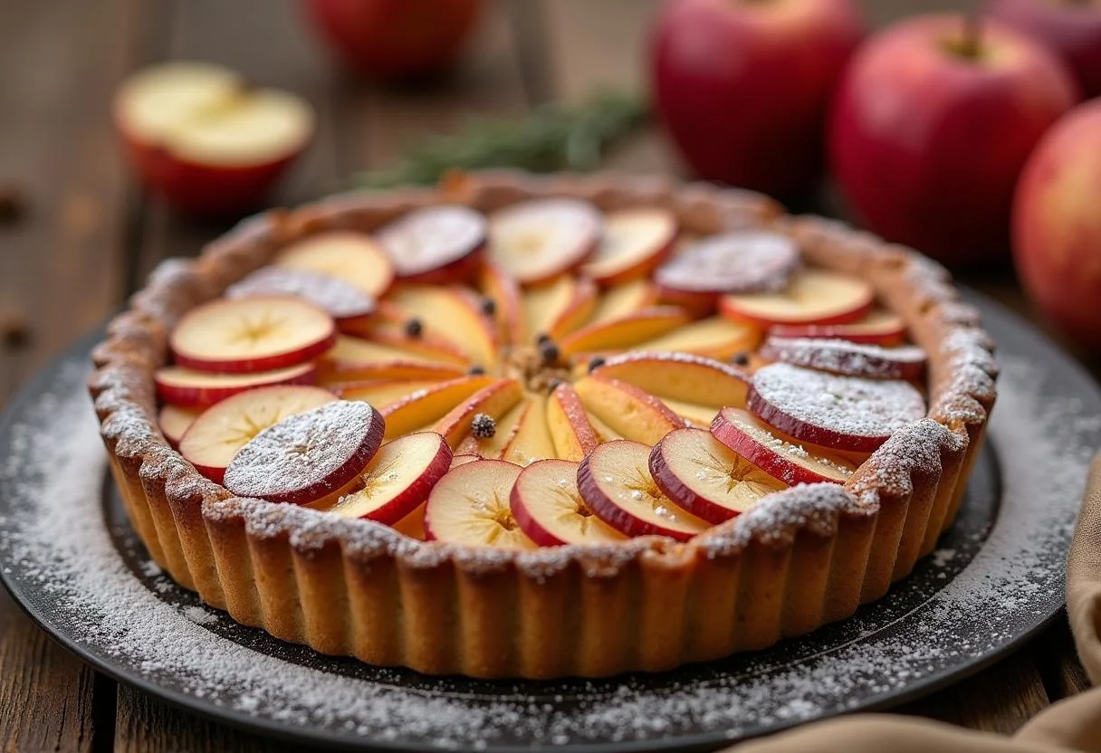 Tarte aux pommes appétissante à base de pommes Pink Lady et Reinette, présentée sur une table rustique, évoquant l'arôme et la saveur irrésistibles.