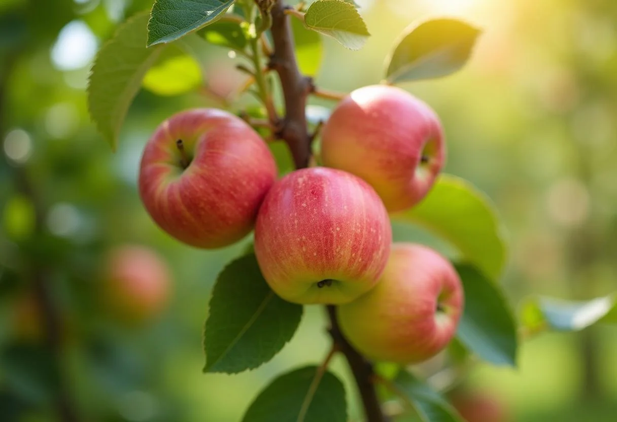 Orchard vibrant avec plusieurs variétés de pommes, y compris Pink Lady, Reinette et Chantecler, représentant les couleurs vives des fruits frais.