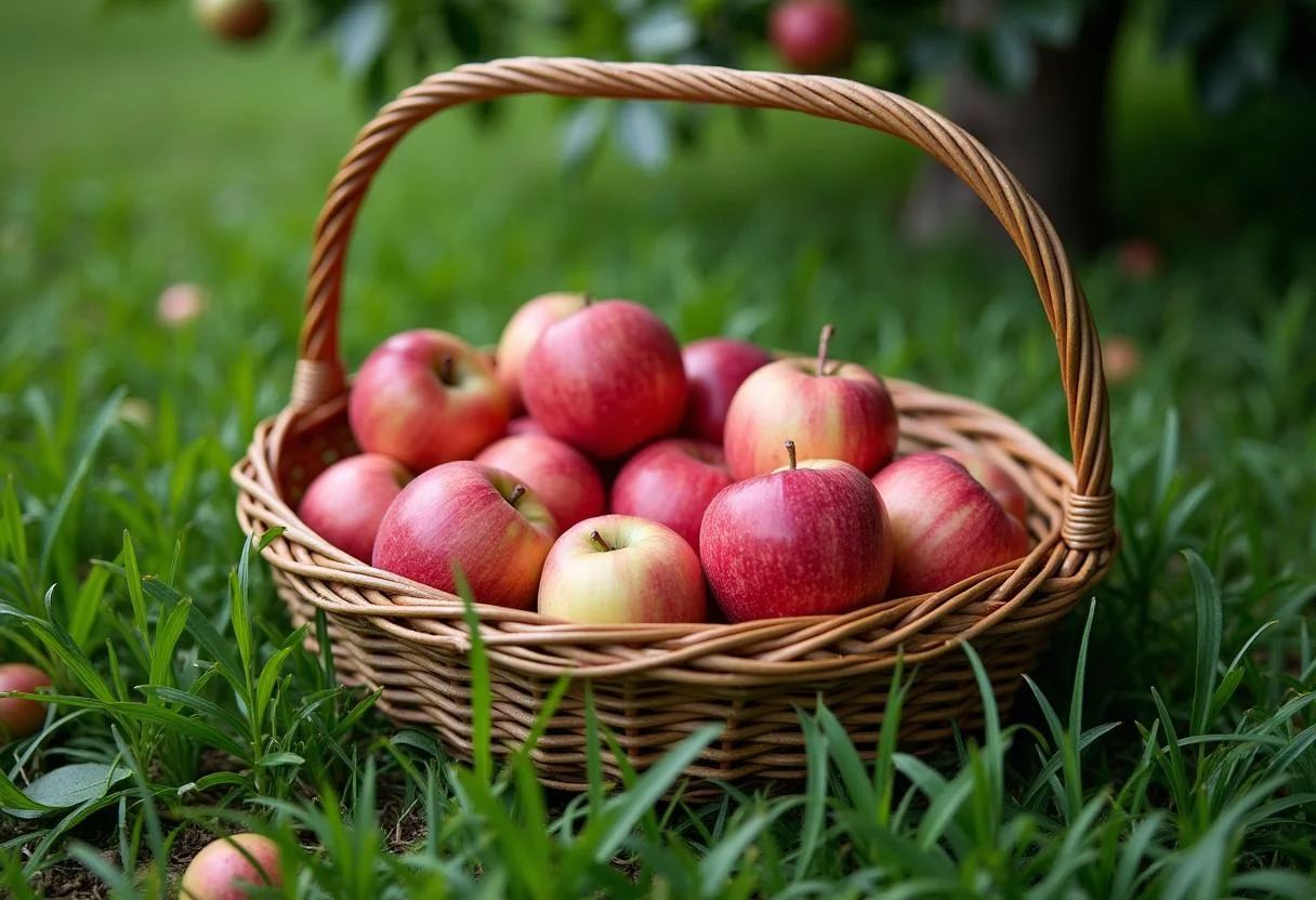 Panier rempli de pommes Pink Lady fraîchement cueillies dans un champ, montrant la couleur éclatante et la fraîcheur des pommes.