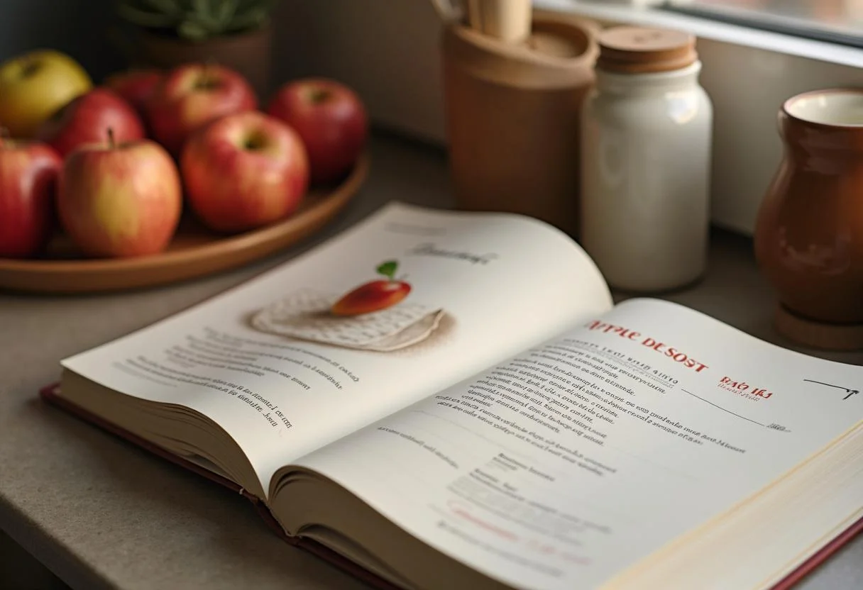 Cuisine accueillante avec un livre de recettes ouvert et des variétés de pommes, dont Pink Lady, Reinette et Chantecler, prêtes à être utilisées dans des desserts.