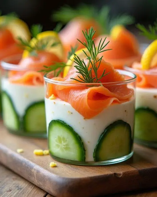 Verrine de concombre et saumon finie, présentée avec des couches délicates, sur une table en bois.