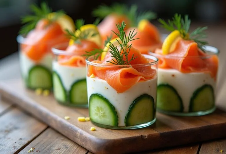 Verrine de concombre et saumon finie, présentée avec des couches délicates, sur une table en bois.