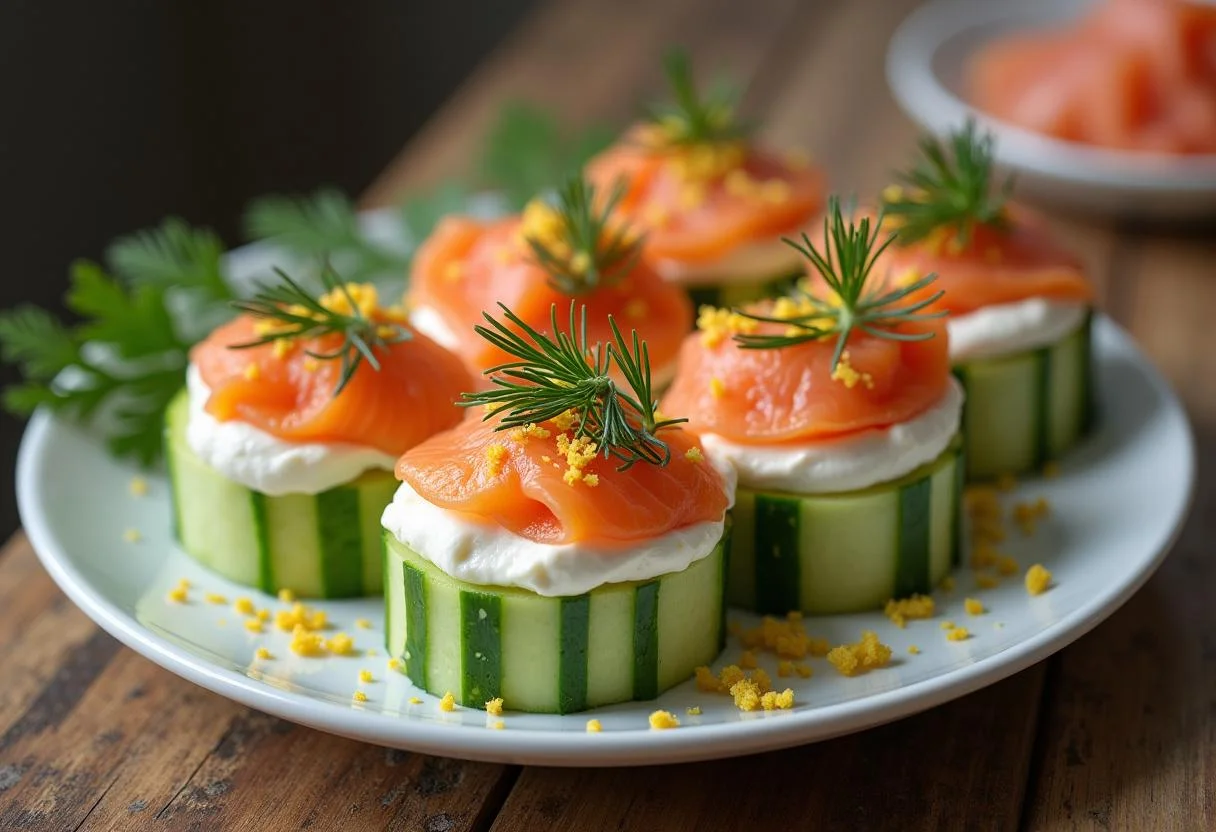 Verrine de concombre et saumon finie, présentée avec des couches délicates, sur une table en bois.