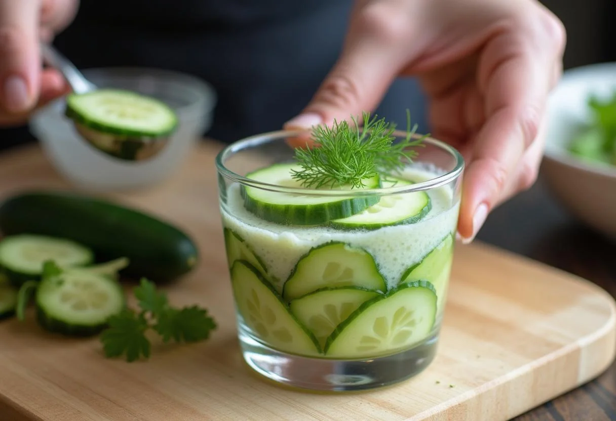Cuisinier superposant des tranches de concombre dans un verre pour la verrine de concombre et saumon.