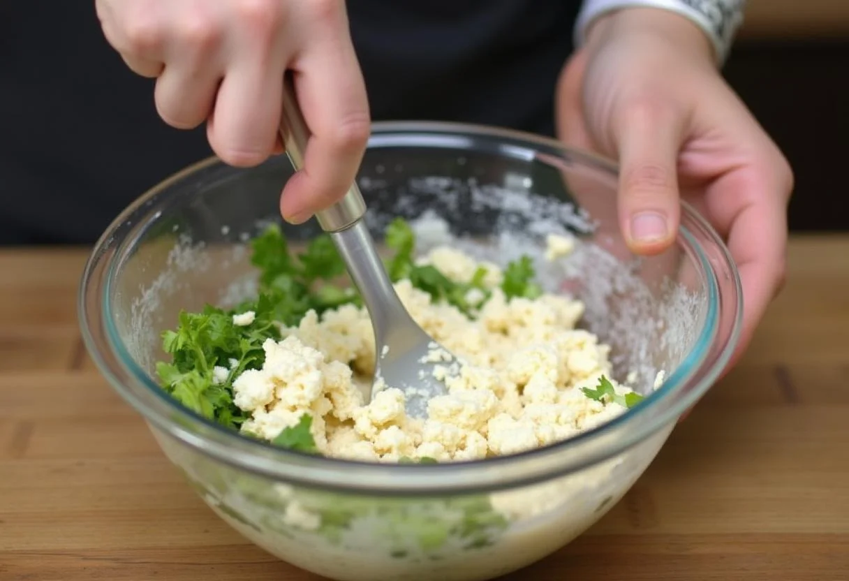 Cuisinier mélangeant du fromage à la crème avec des herbes pour une verrine de concombre et saumon.