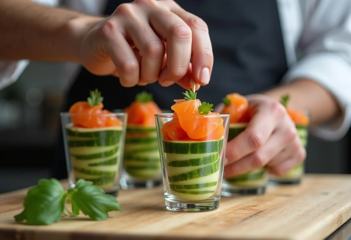 Cuisinier ajoutant des tranches de saumon fumé dans une verrine de concombre et saumon.