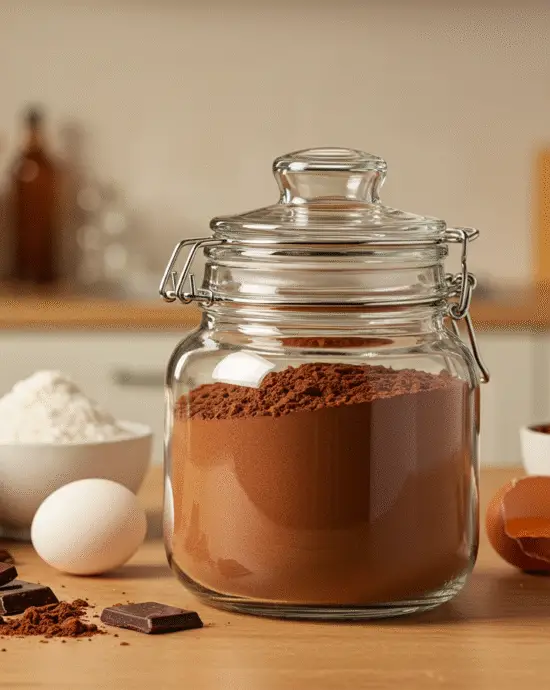 Afficher le chocolat en poudre fini dans un joli pot avec une étiquette sur une table de cuisine, prêt à être utilisé dans diverses recettes.