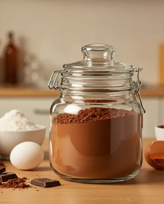 Afficher le chocolat en poudre fini dans un joli pot avec une étiquette sur une table de cuisine, prêt à être utilisé dans diverses recettes.