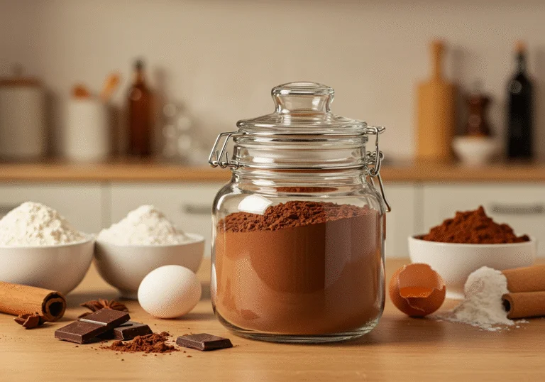 Afficher le chocolat en poudre fini dans un joli pot avec une Ă©tiquette sur une table de cuisine, prĂȘt Ă ĂȘtre utilisĂ© dans diverses recettes.