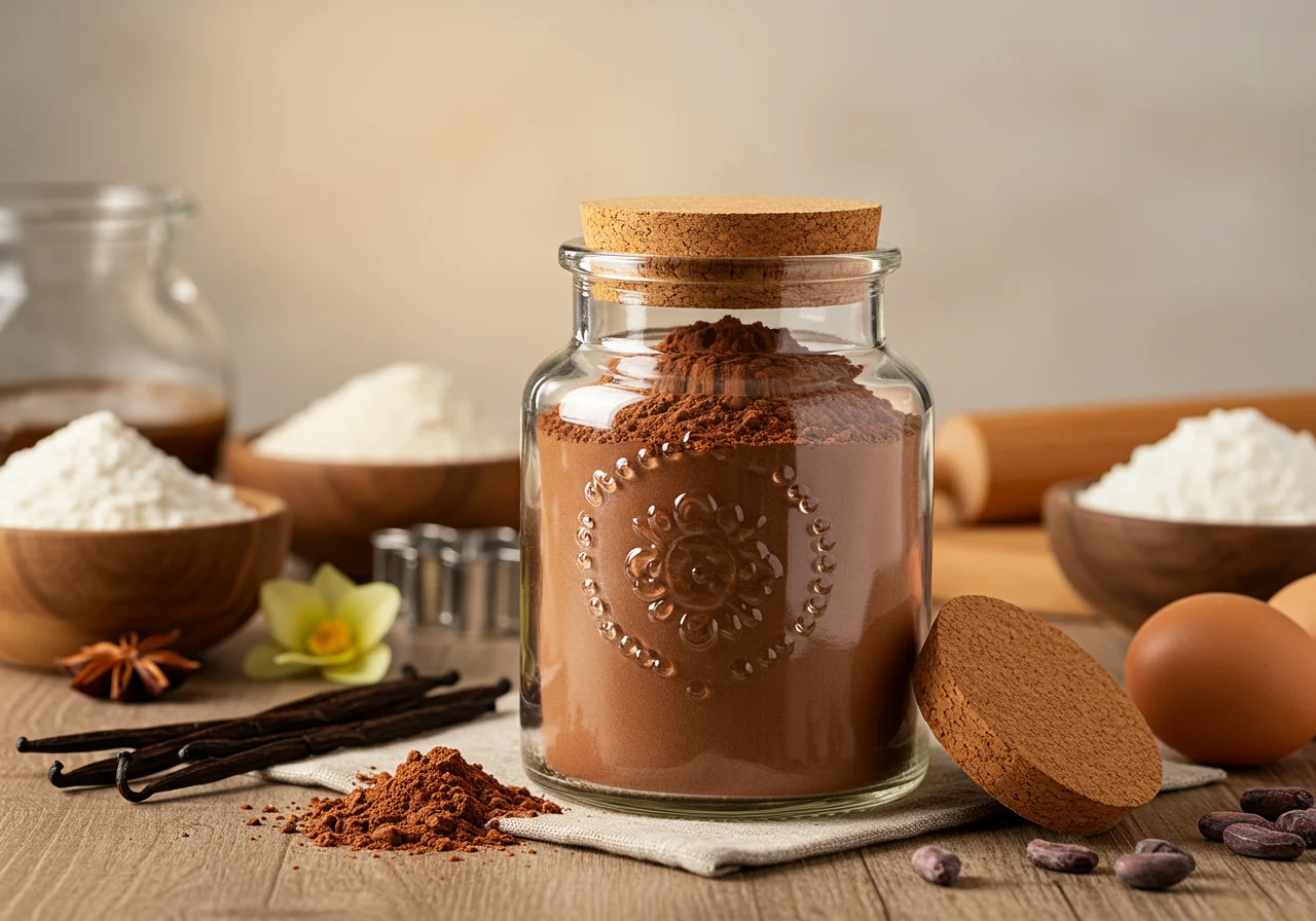 Afficher le chocolat en poudre fini dans un joli pot avec une Ă©tiquette sur une table de cuisine, prĂȘt Ă ĂȘtre utilisĂ© dans diverses recettes.