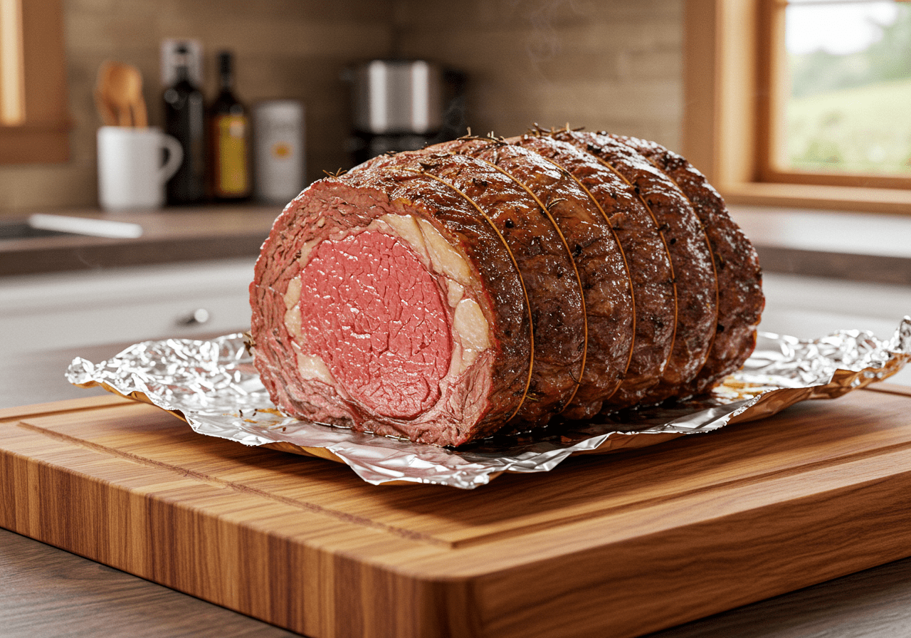 Repos du roti de boeuf sur une planche en bois, couvert d'aluminium, après la cuisson au four.