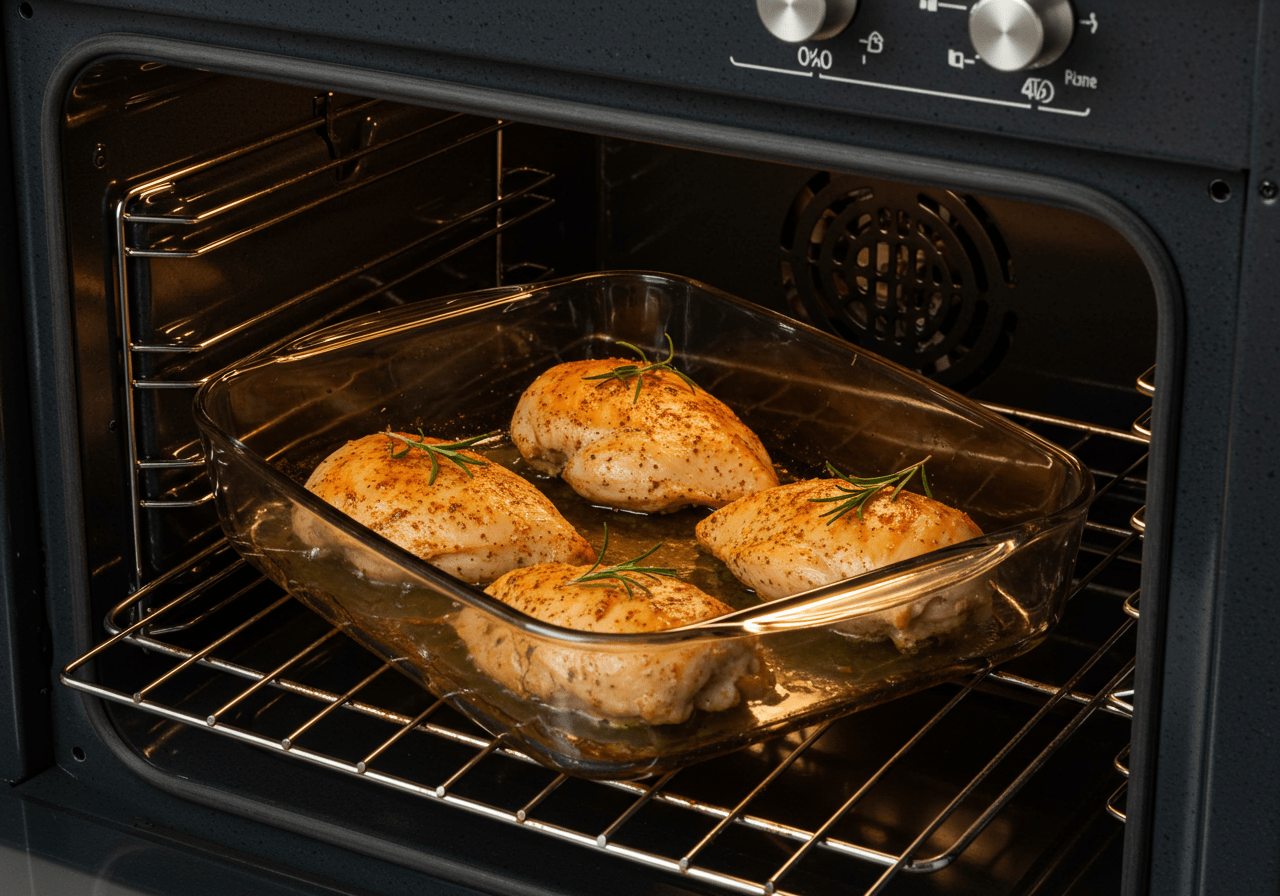 Filets de poulet au four cuisant Ă la perfection dans le four.